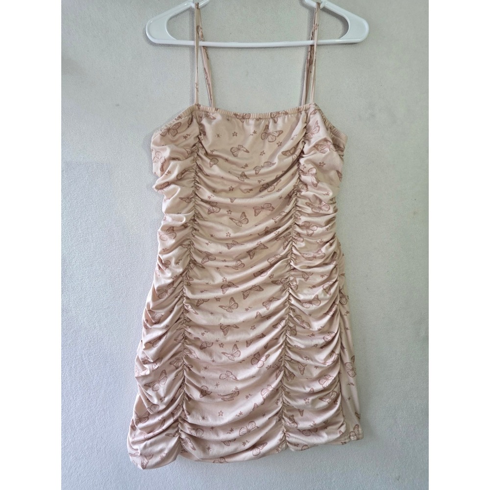 Faded Rose XL Pink Butterfly Print Ruched Bodycon Mini Dress Y2K Spaghetti Strap